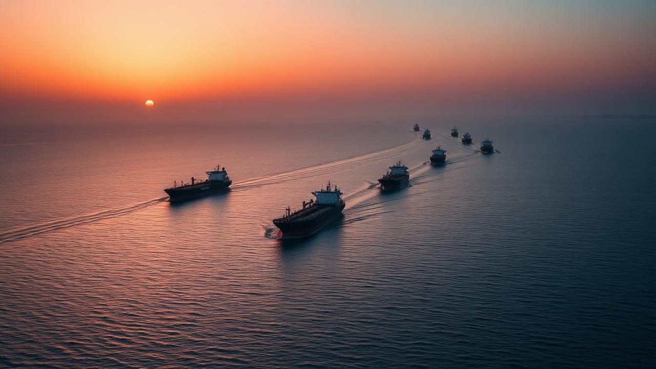 Oil tankers transiting the Strait of Hormuz at dusk
