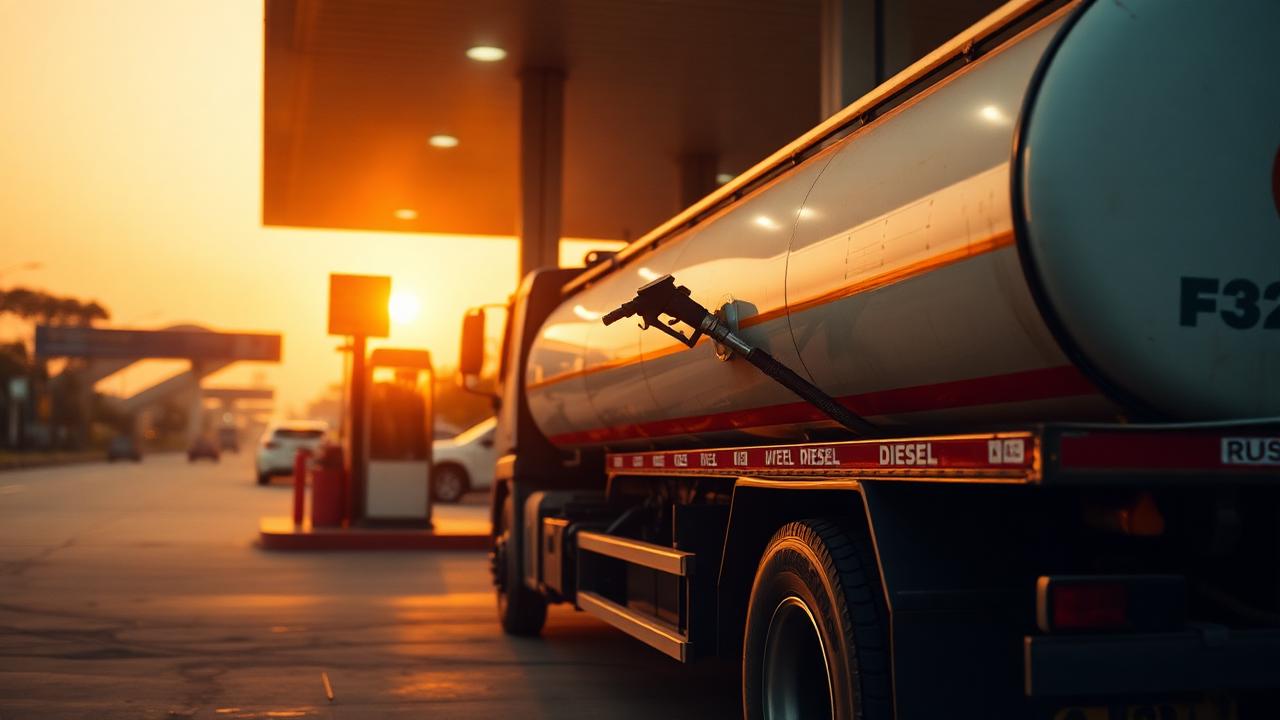 Diesel tanker truck refueling at an Indian highway petrol pump at golden hour
