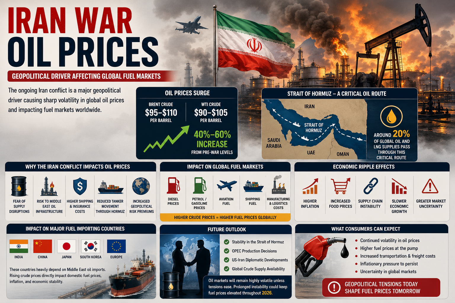 Infographic: Iran war oil prices and impact on global fuel markets, including the Strait of Hormuz
